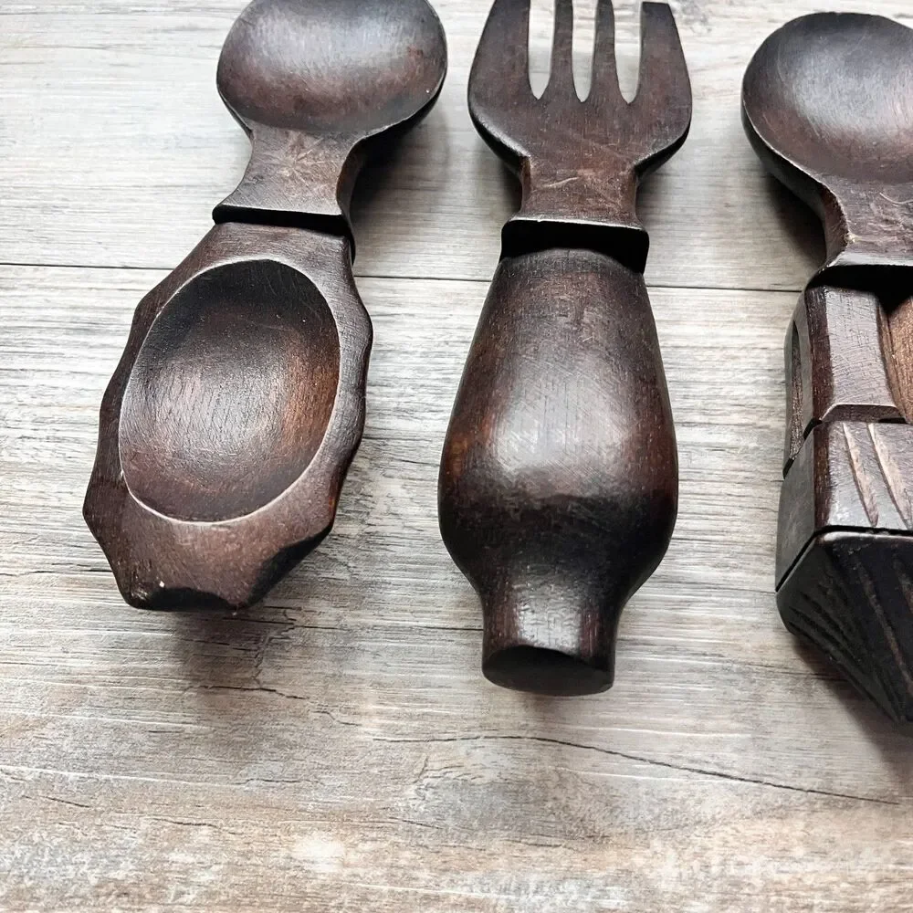 Vintage Western Carved Wooden Salad Servers Spoon Fork Rustic Cowboy Utensils